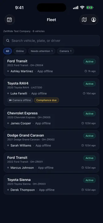 ZeitRide Admin app Fleet screen listing every vehicle with its driver, app status, last-seen time, and attention flags