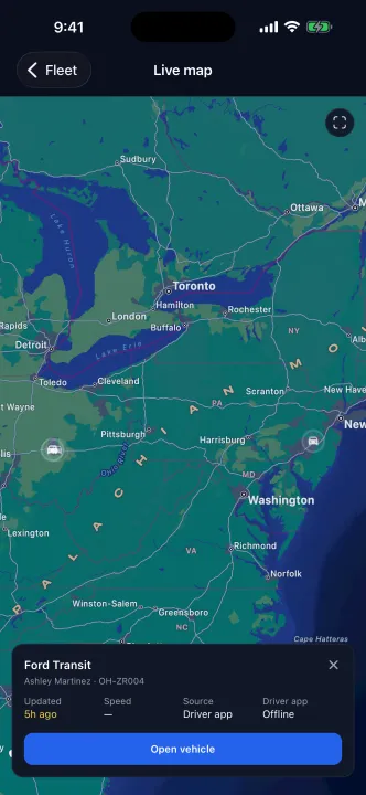 ZeitRide Admin app live map showing vehicle positions with a selected vehicle card for driver, last update, and speed