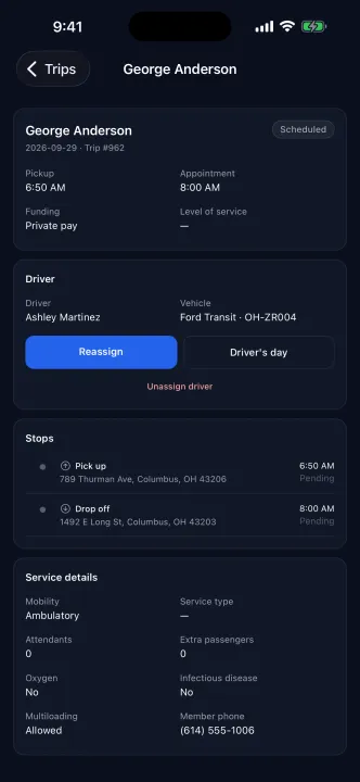ZeitRide Admin app trip detail with pickup and appointment times, assigned driver and vehicle, stops, and member needs