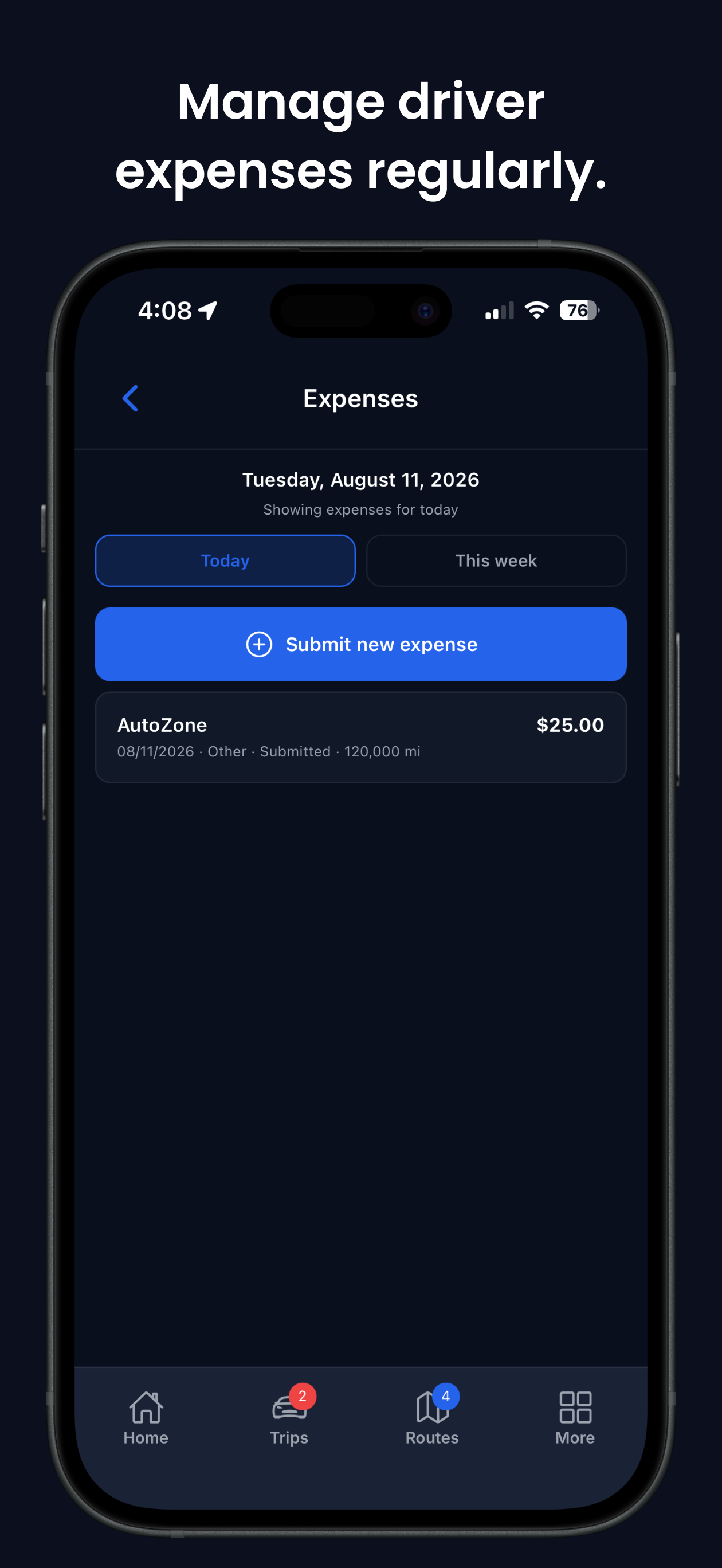 ZeitRide Driver app expenses screen for submitting fuel and maintenance receipts with mileage