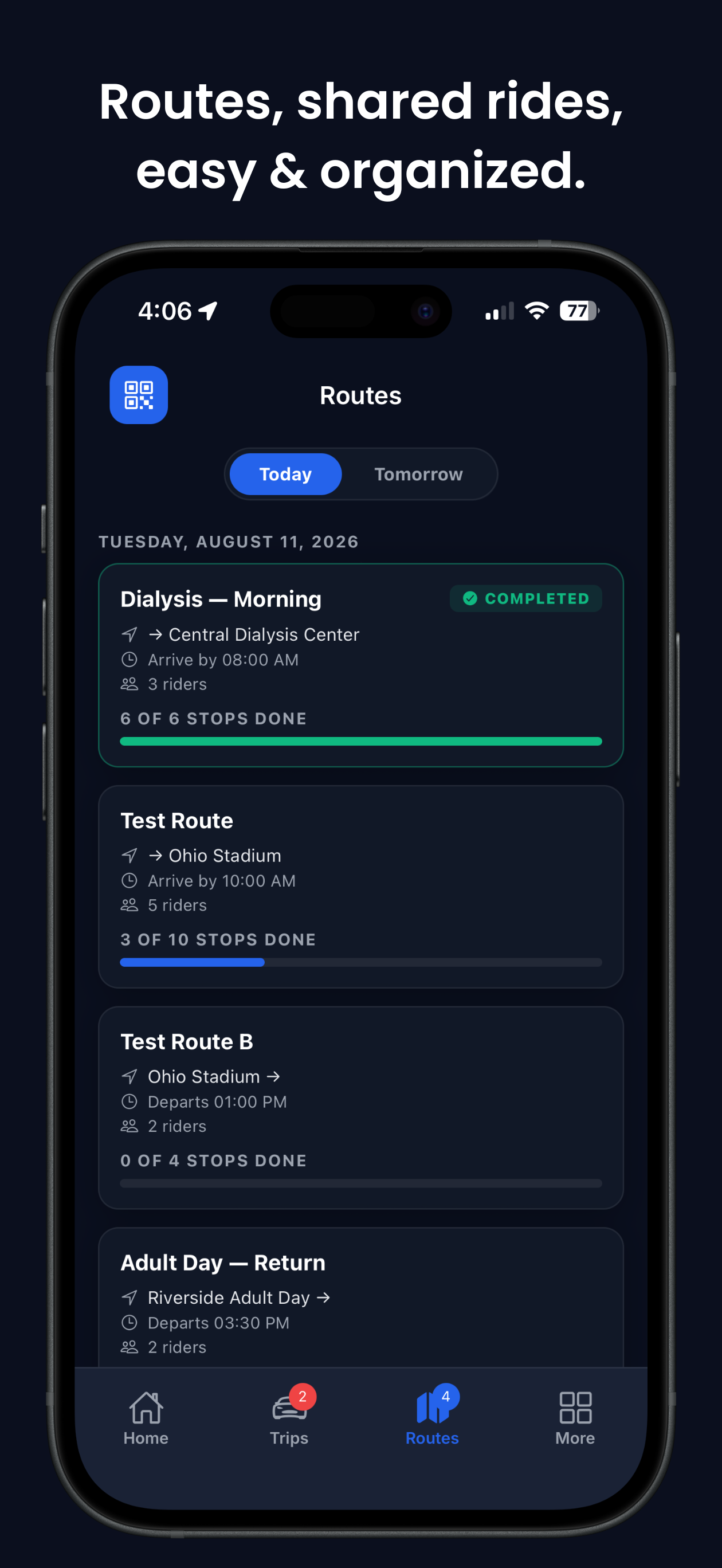 ZeitRide Driver app routes screen with shared-ride transport routes, rider counts, and live stop progress