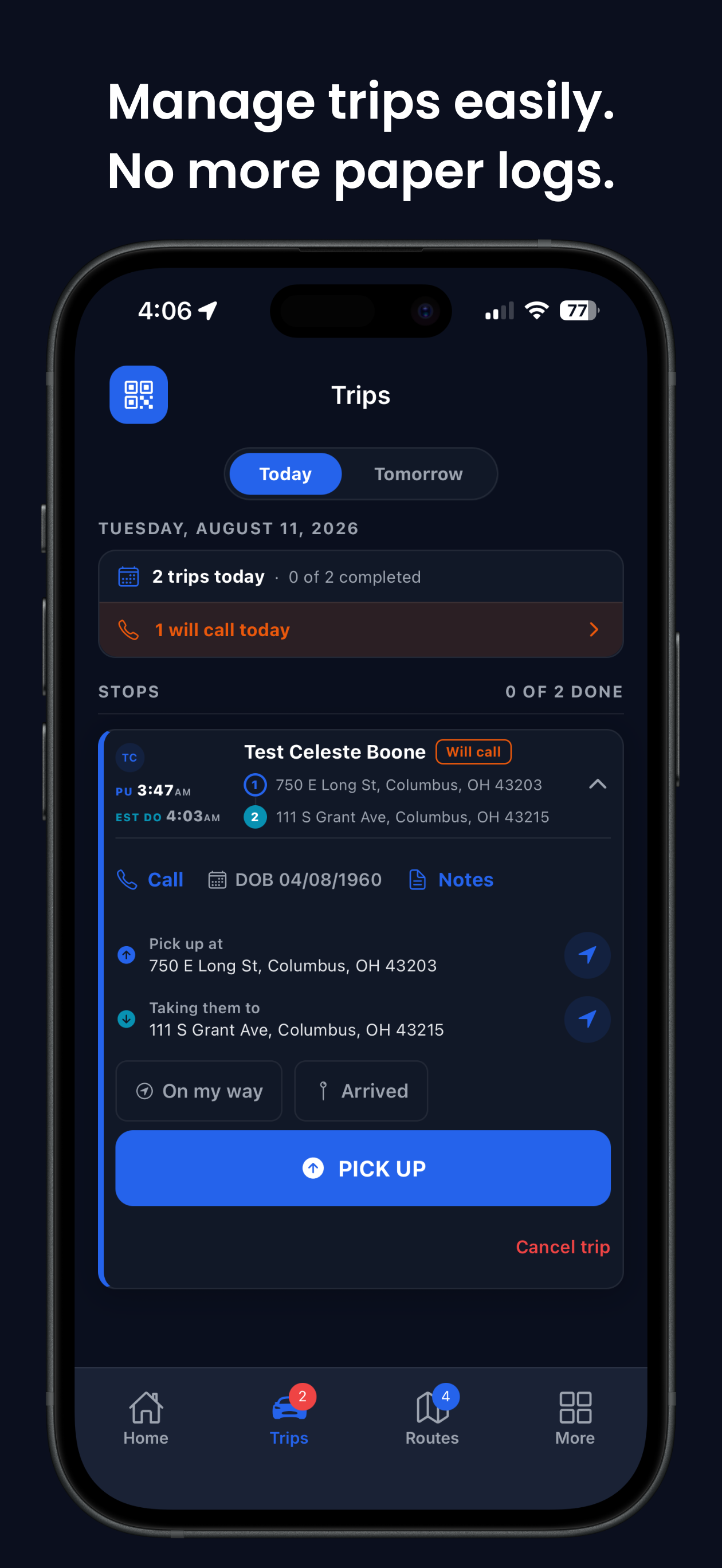 ZeitRide Driver app trips screen showing today's pickups with member details, navigation, and one-tap pick-up status updates