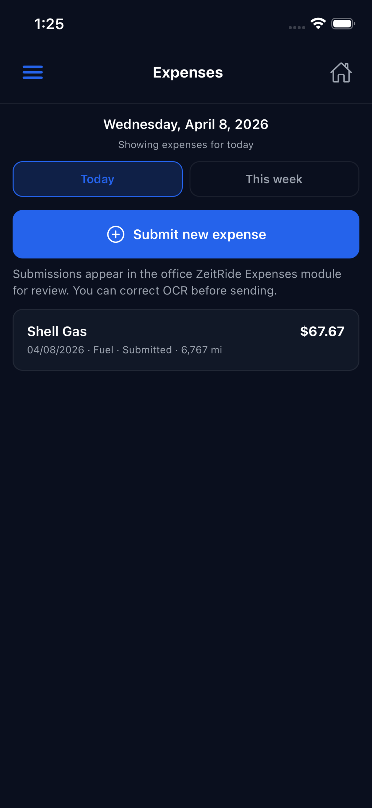Expenses screen with submit new expense and history