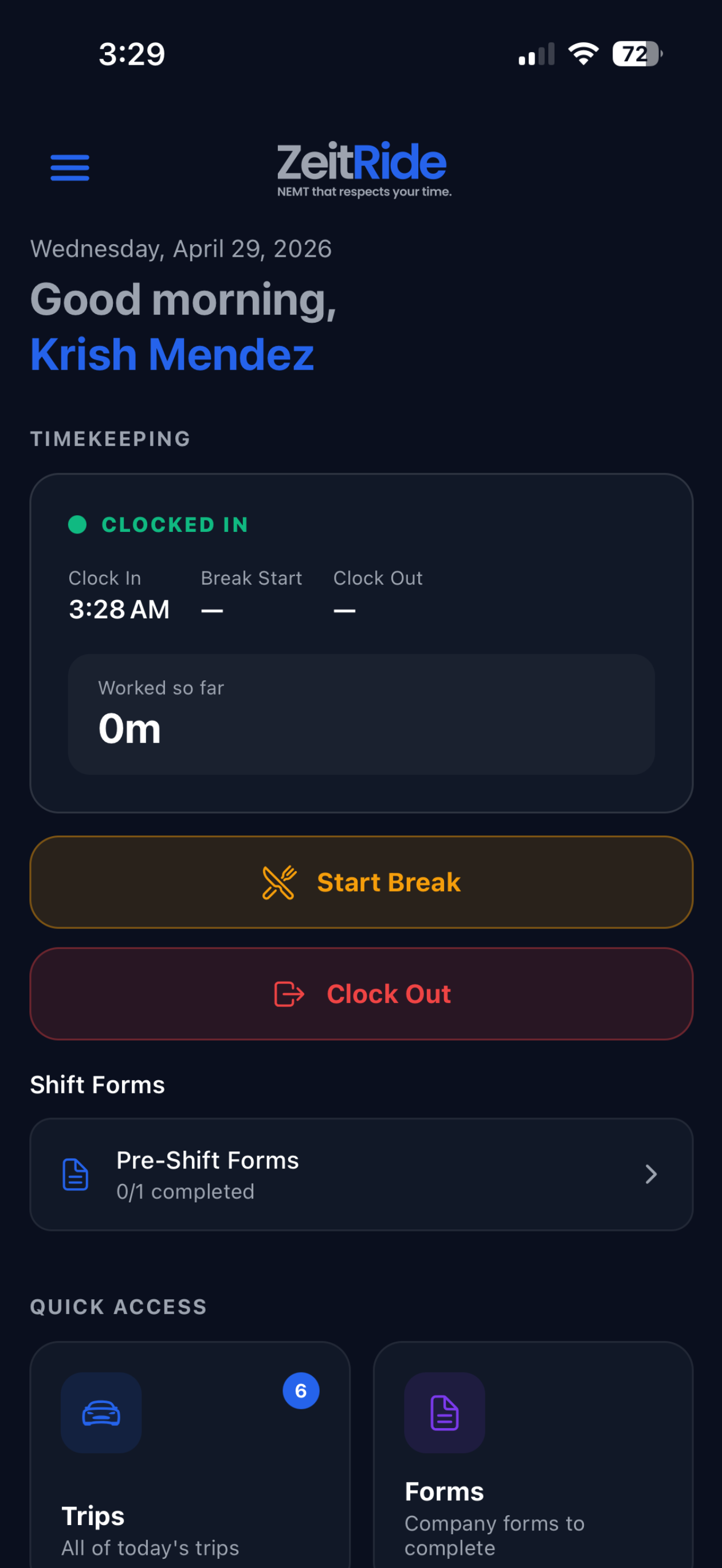 ZeitRide Driver home with timekeeping, clock in, and quick access