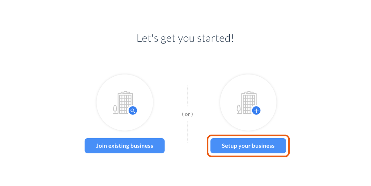 The Zoho Cliq "Let's get you started!" screen. Click Setup your business on the right, not Join existing business.